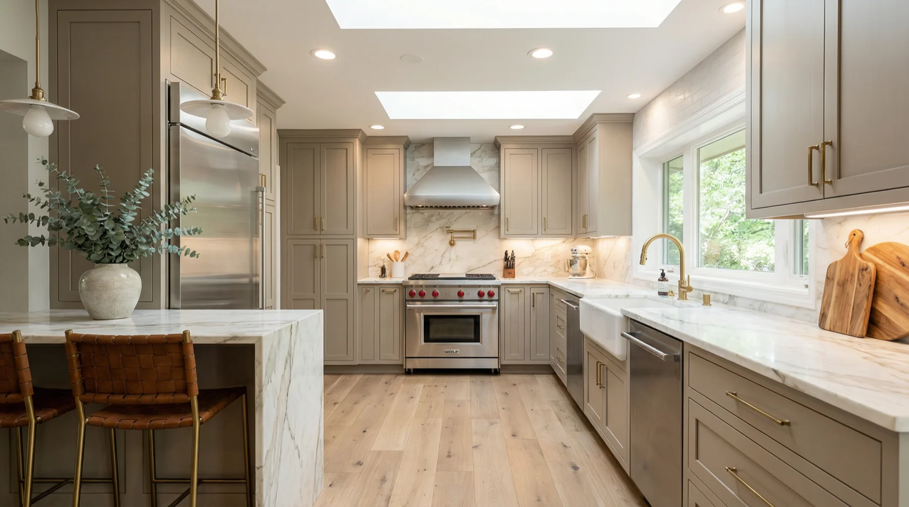 Luxury Gray Kitchen with Marble and Skylights