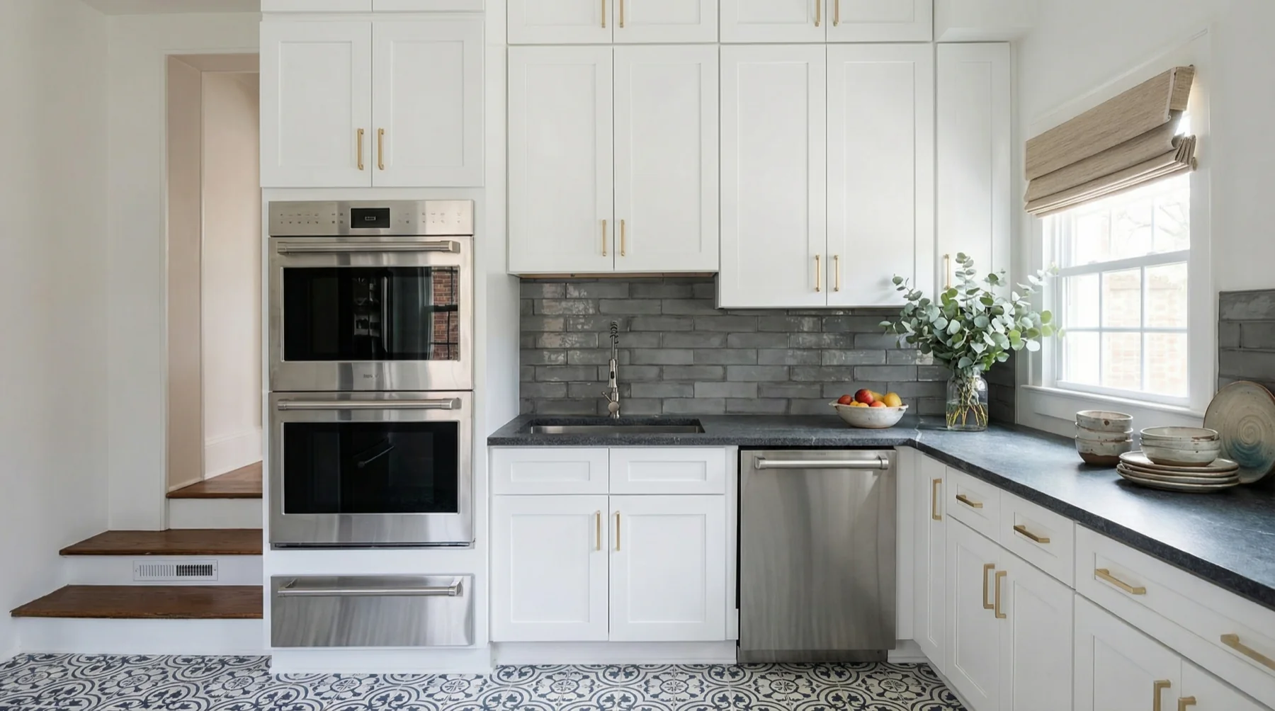 White Kitchen with Decorative Tile Floor