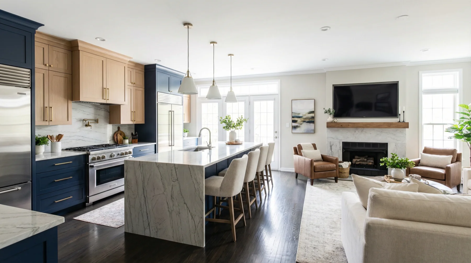 Navy Blue Open Concept Kitchen with Marble Island