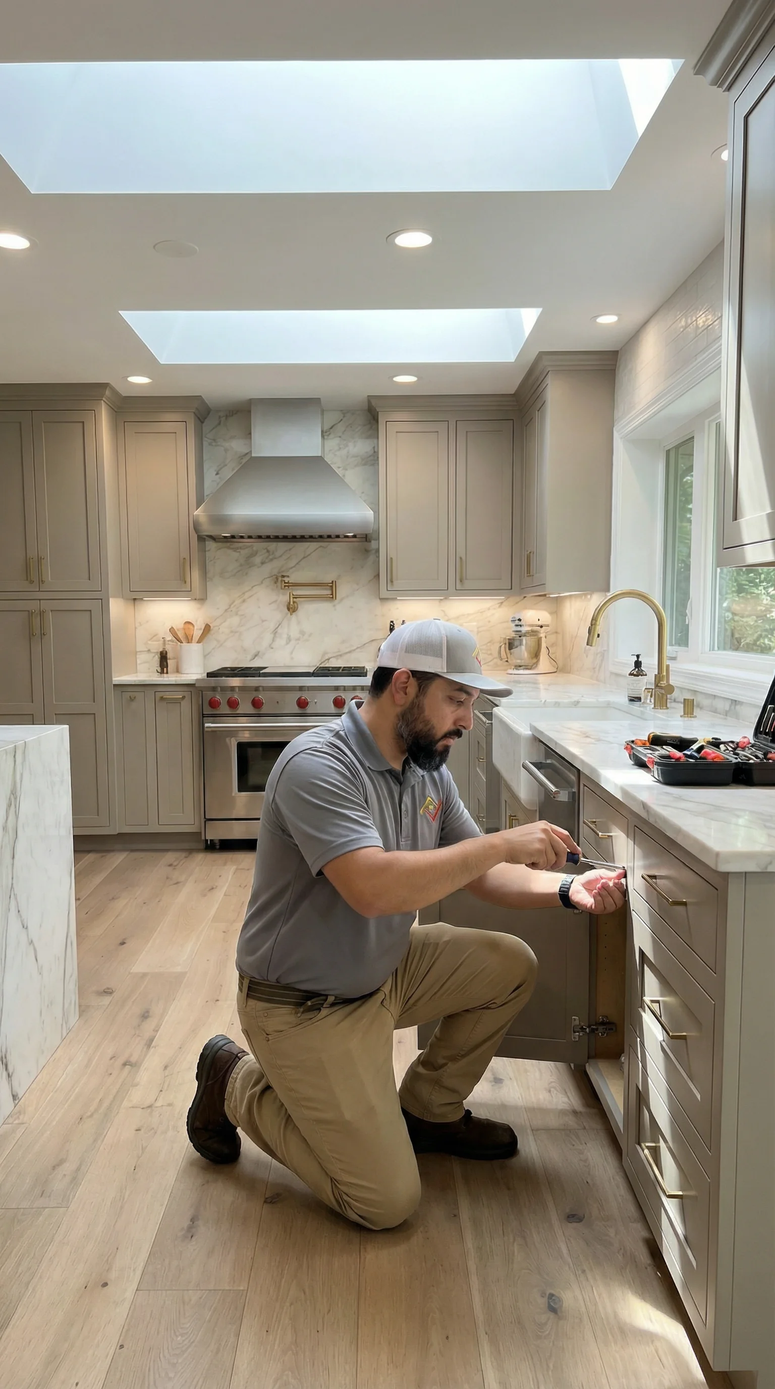 Technician Repairing Cabinet in Luxury Kitchen