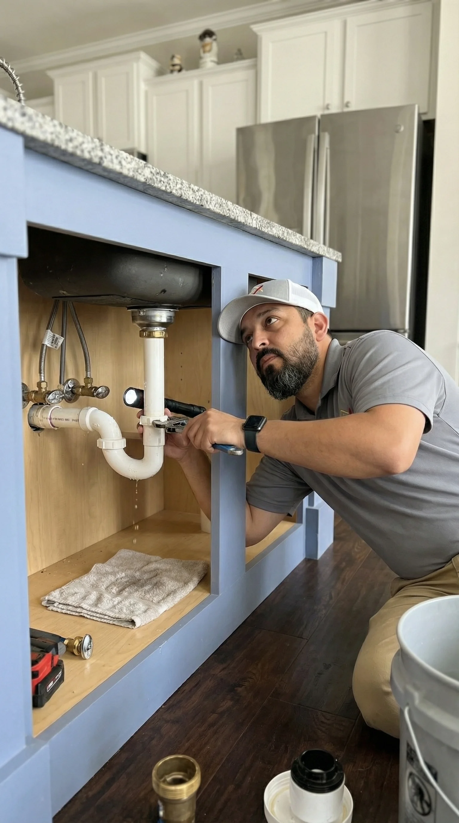 Technician Plumbing Under Blue Cabinet