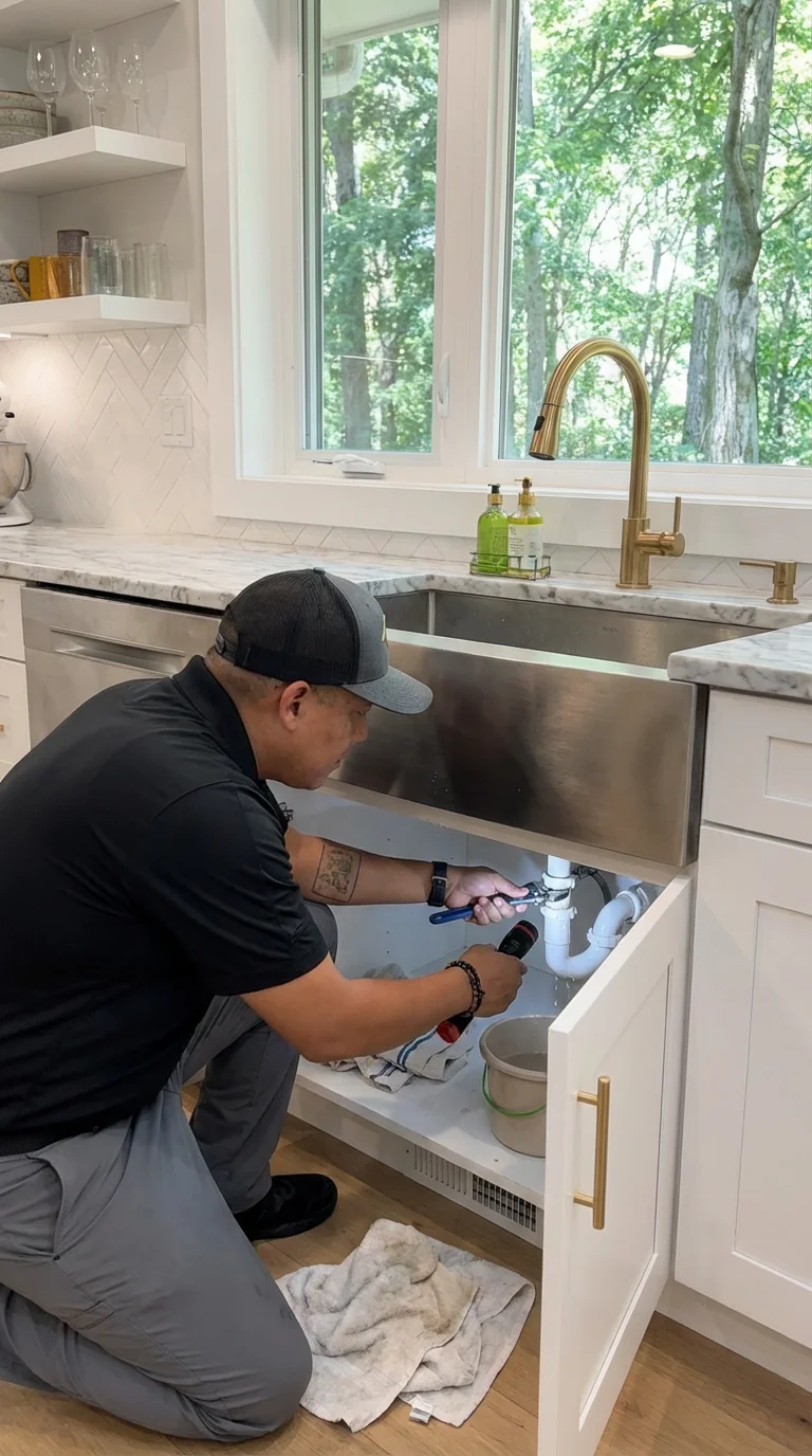 Technician Plumbing in White Kitchen