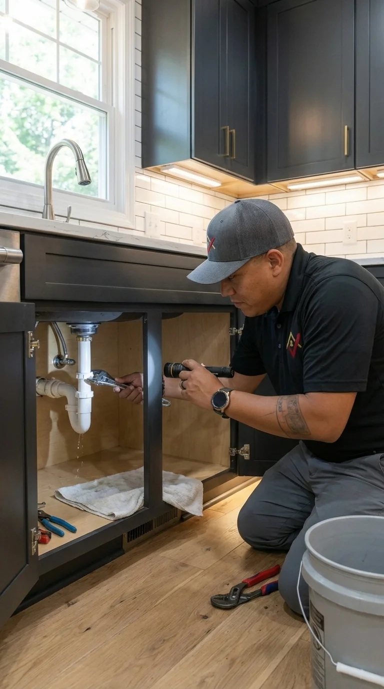 Technician Plumbing in Dark Kitchen