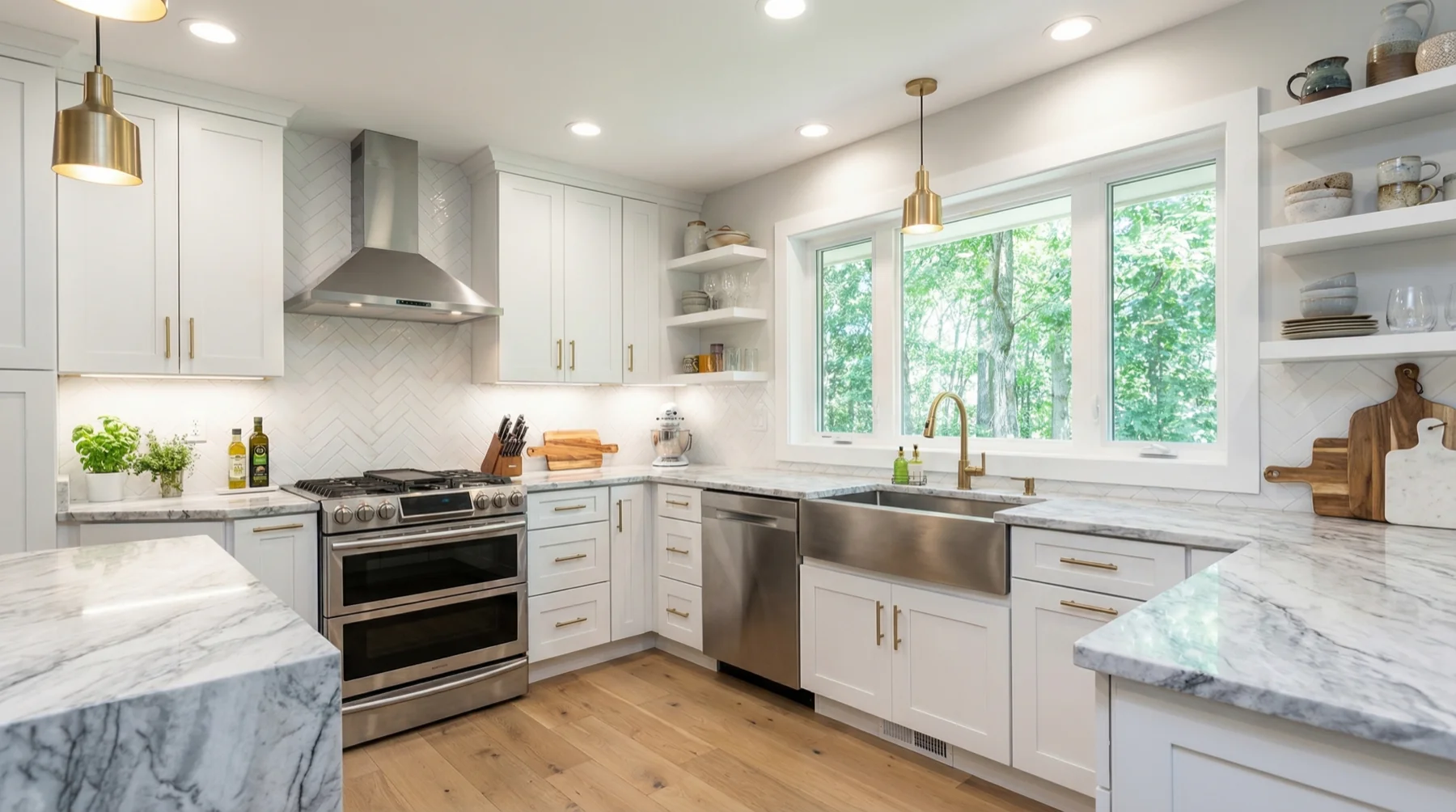 White Luxury Kitchen with Marble Waterfall Island