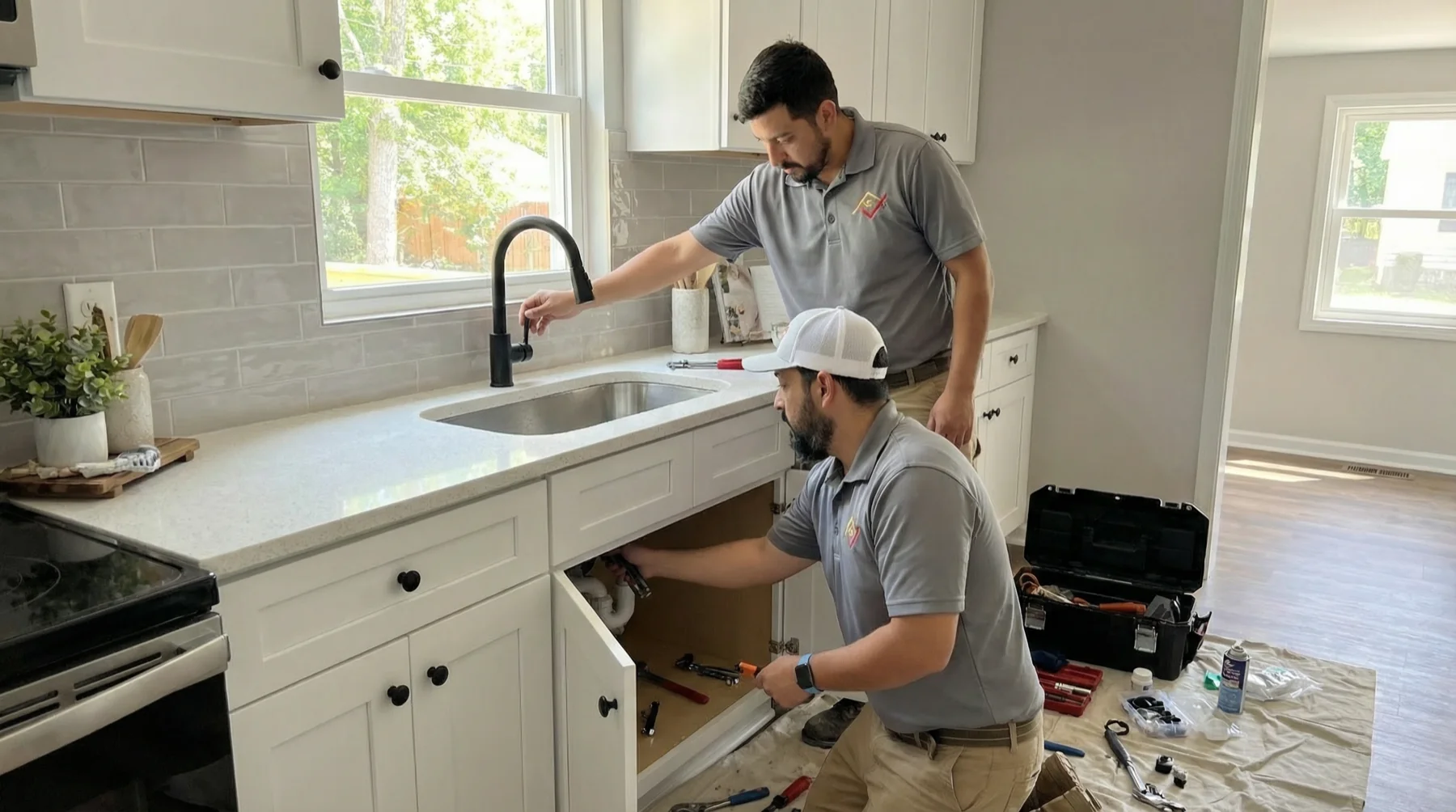 Team Doing Plumbing Work Under Sink