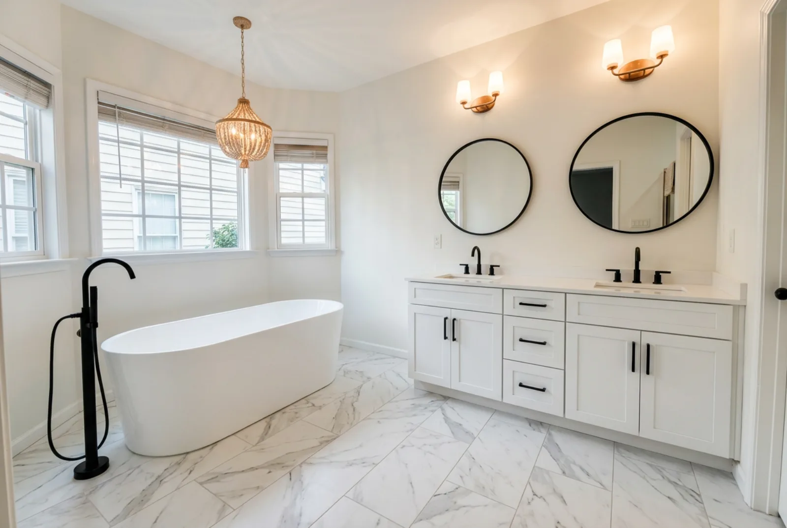 Spa Bathroom with Freestanding Tub and White Double Vanity
