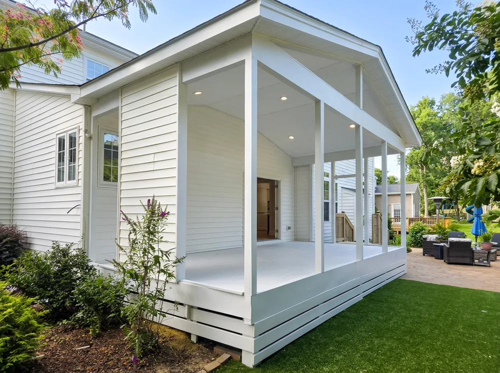 Finished covered porch and outdoor living space in South Charlotte