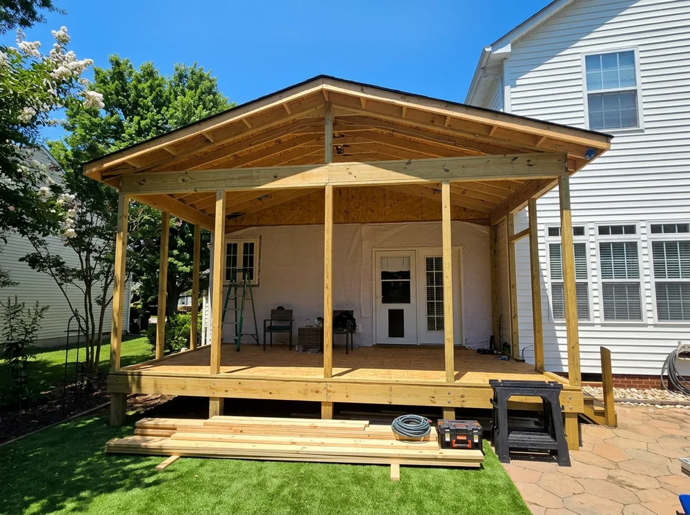 Structural deck and porch framing during a rebuild in South Charlotte