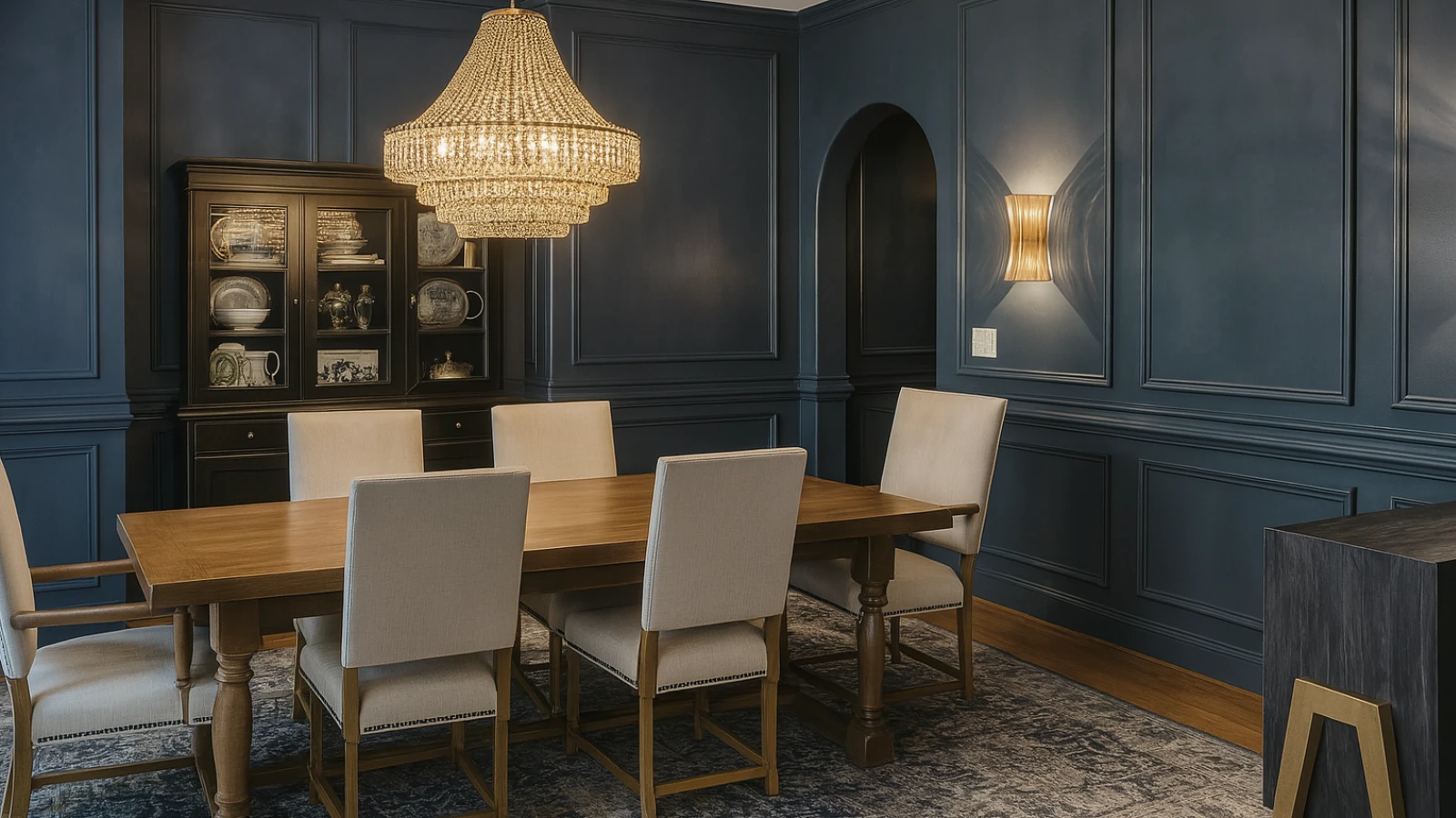 Elegant Dining Room with Blue Walls and Crystal Chandelier