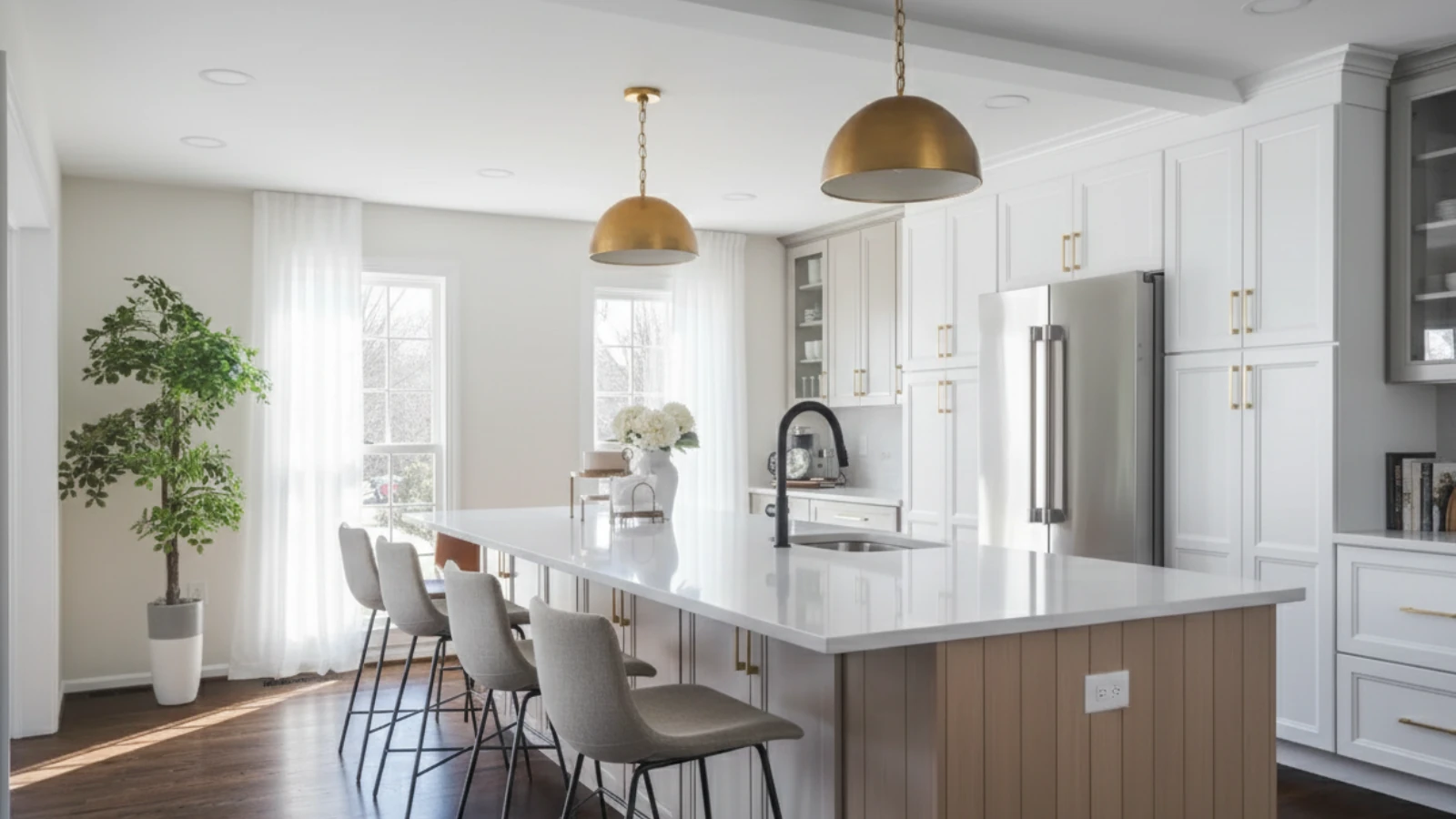 Kitchen Island with Gold Pendants and Bar Stools