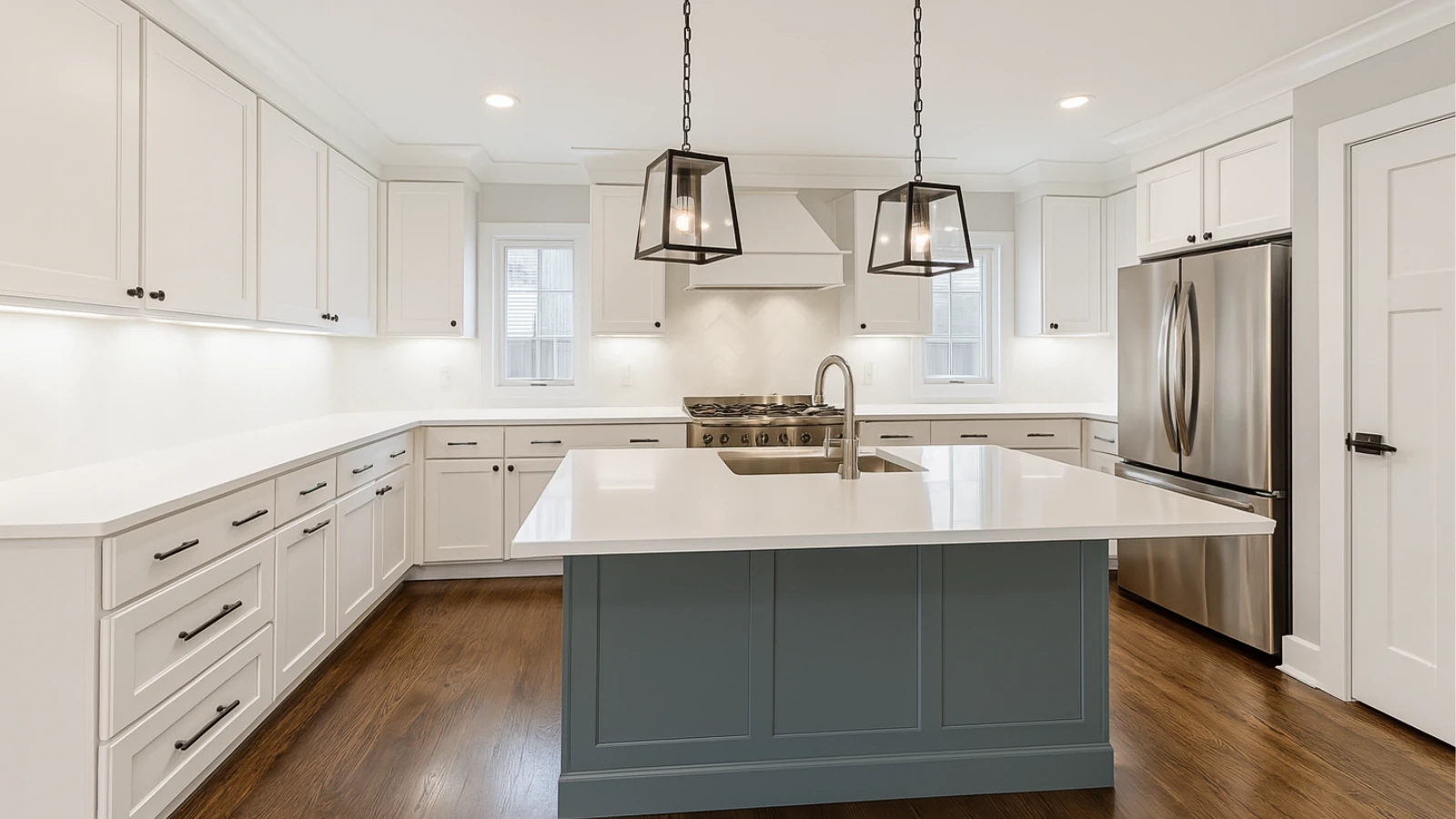 White Kitchen with Gray Island and Black Pendant Lights