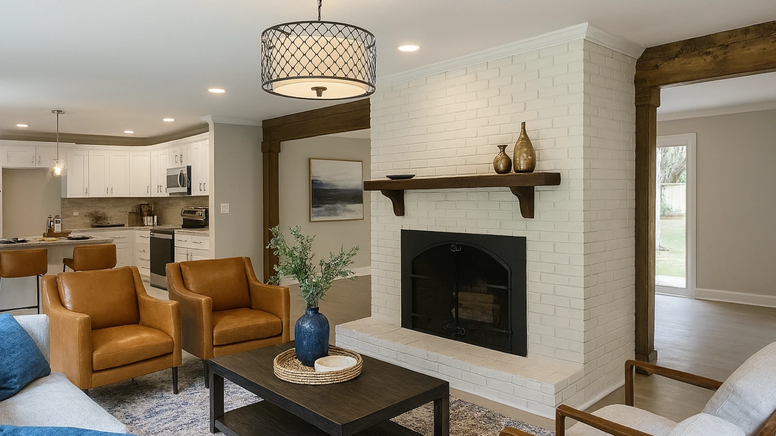 Living Room with White Brick Fireplace and Armchairs