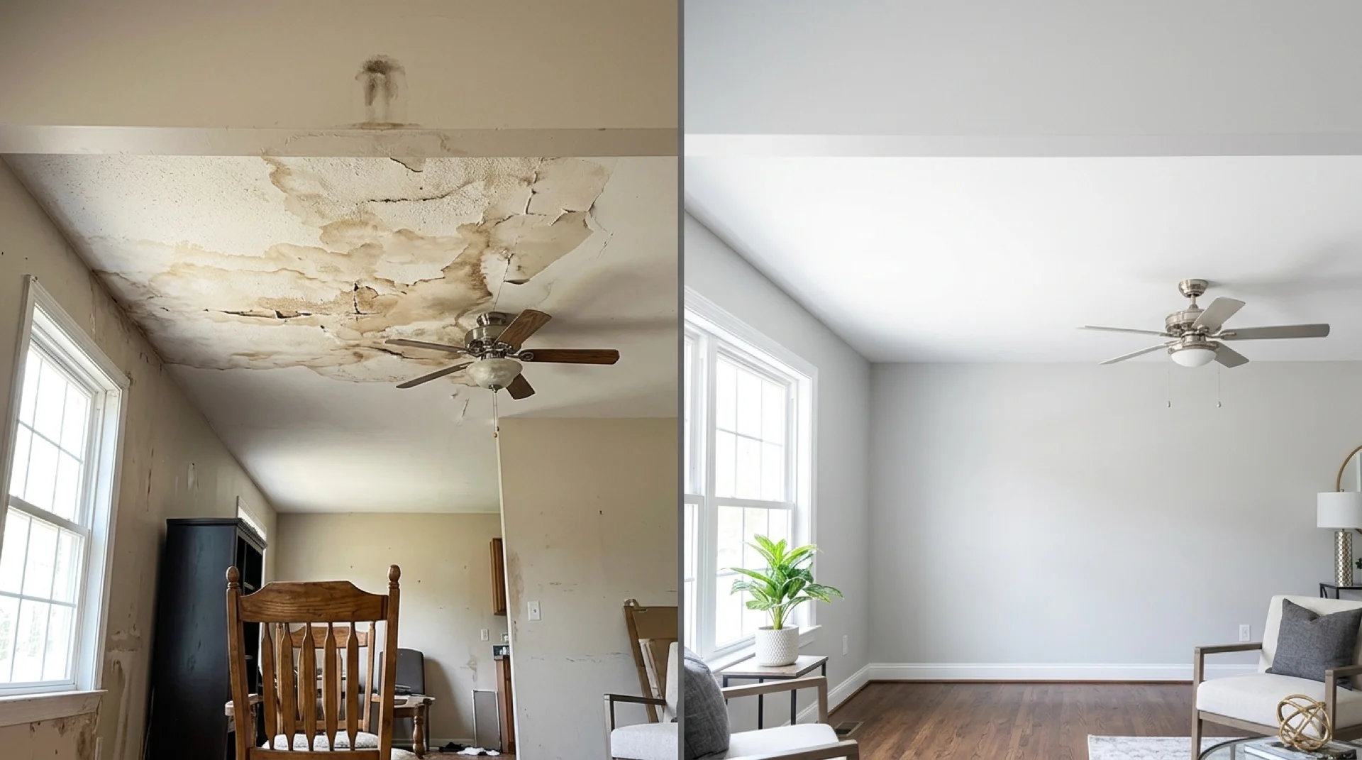 Water damage drywall repair before and after