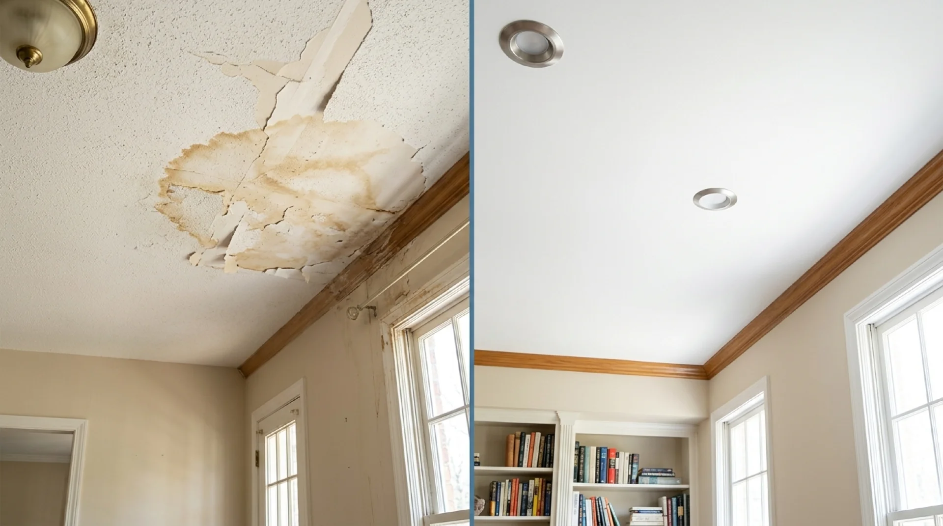 Ceiling water damage repair before and after