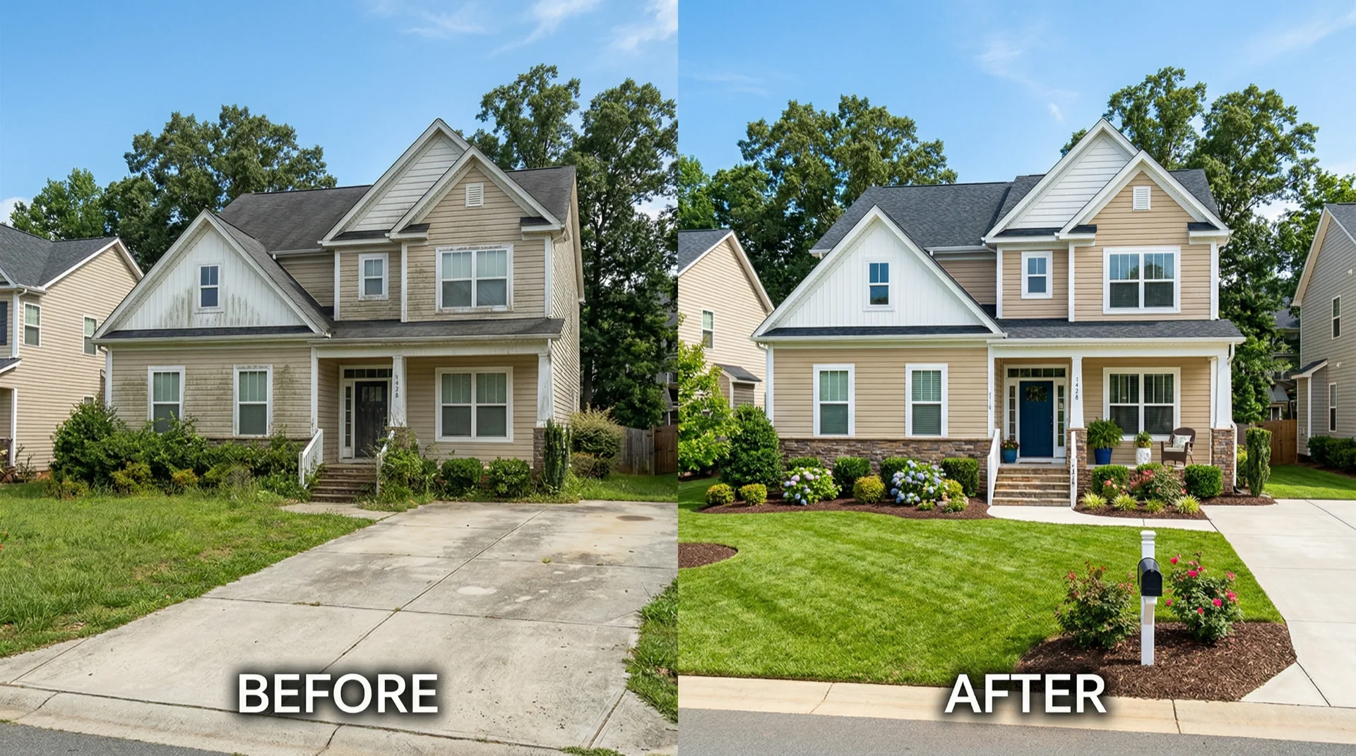 House exterior pressure washing clean result Charlotte